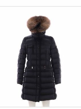 💯 Moncler Black Long Quilted Puffer Coat with Brown Fur Trim